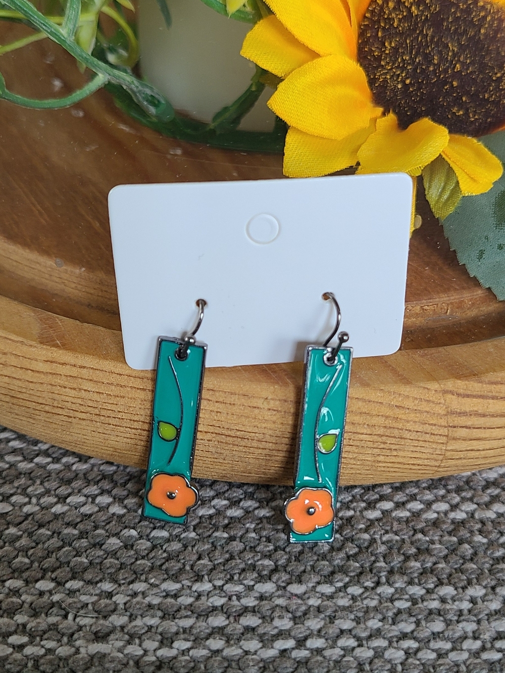 Teal Enamel Floral Drop Earrings